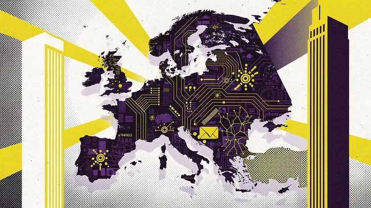 Digital map of Europe with circuit lines and icons representing technology.