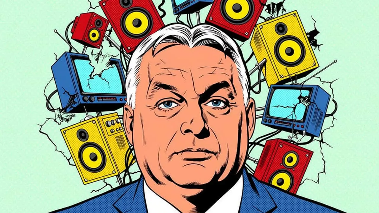 Illustration of Viktor Orbán surrounded by loudspeakers and cracked television sets.