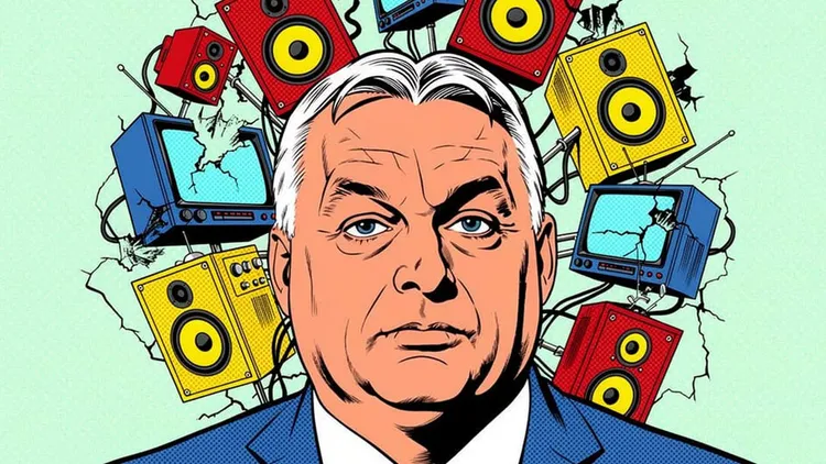 Illustration of Viktor Orbán surrounded by loudspeakers and cracked television sets.