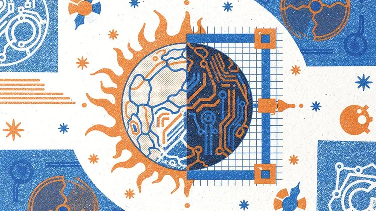 Abstract illustration of solar and digital technology integration.