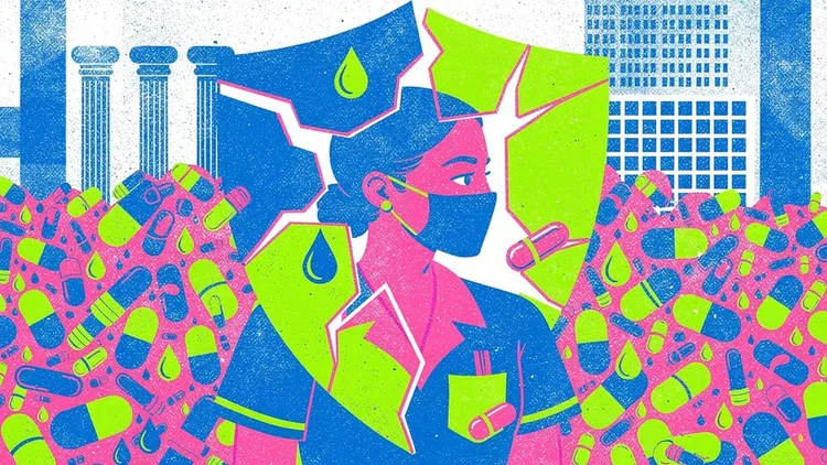 Illustration of a masked nurse amid a sea of pills, with a cracked shield and hospital buildings.