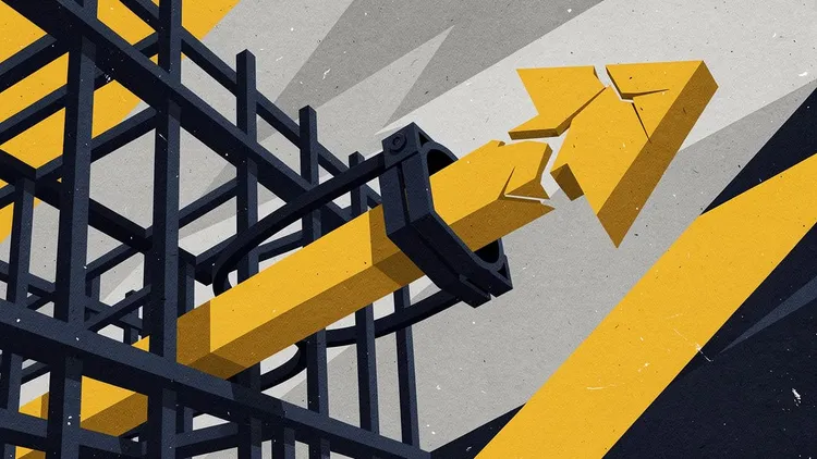 Construction site with yellow arrow pointing upwards.