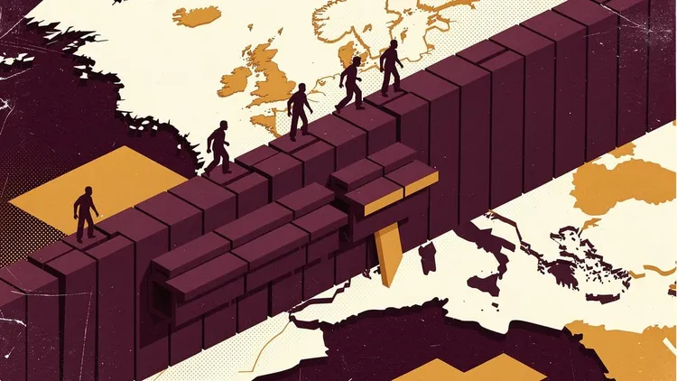Silhouettes of people walking over a border wall on a map of Europe.