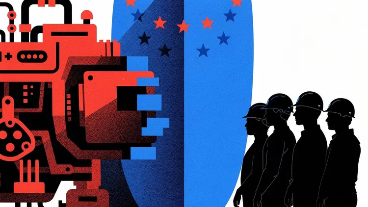 Illustration of a red robot facing a blue shield with EU stars, with silhouettes of workers in hard hats.
