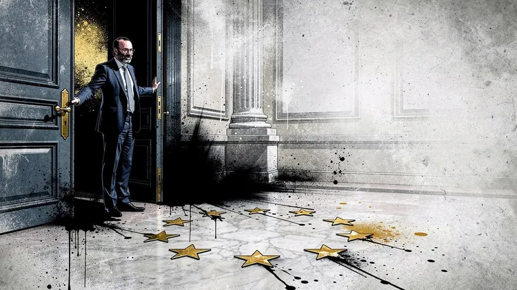 European politician standing at an ornate door with stars on the floor.