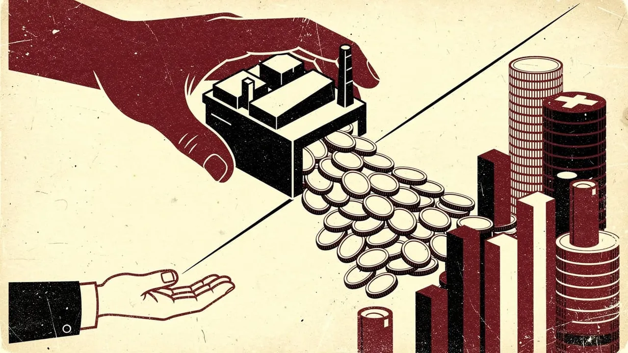 Illustration of a hand giving coins to a factory, with rising bar graphs and coins.