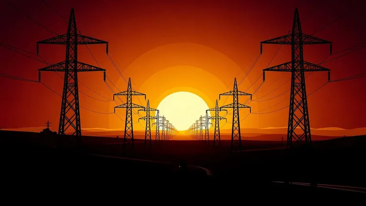 High-voltage power lines silhouetted against a sunset sky.