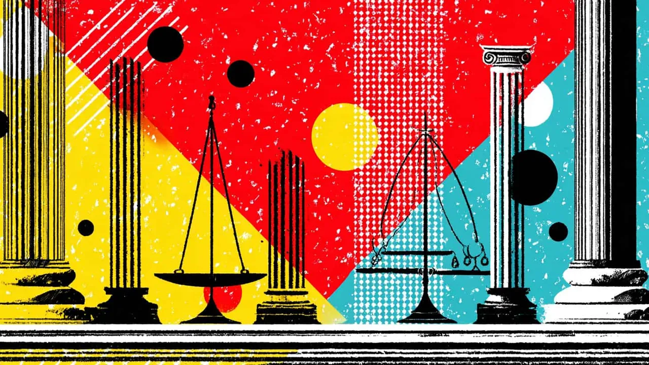 Classical balance scales between ancient columns on colourful background.