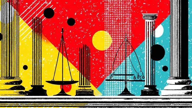 Classical balance scales between ancient columns on colourful background.