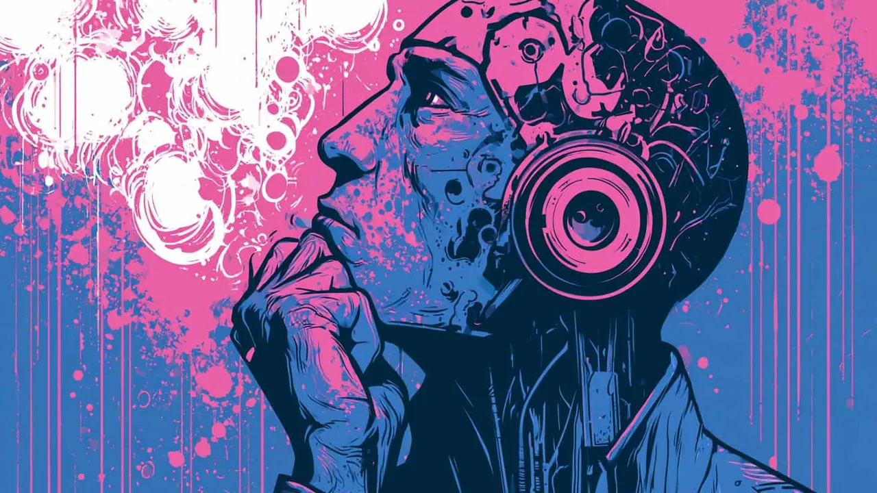 Futuristic illustration of a person with headphones contemplating AI impact.