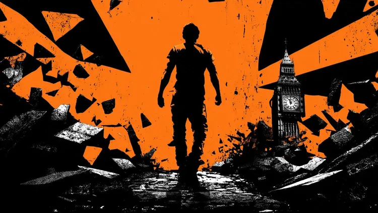 Silhouette of a person walking through a shattered London backdrop with Big Ben in the background.