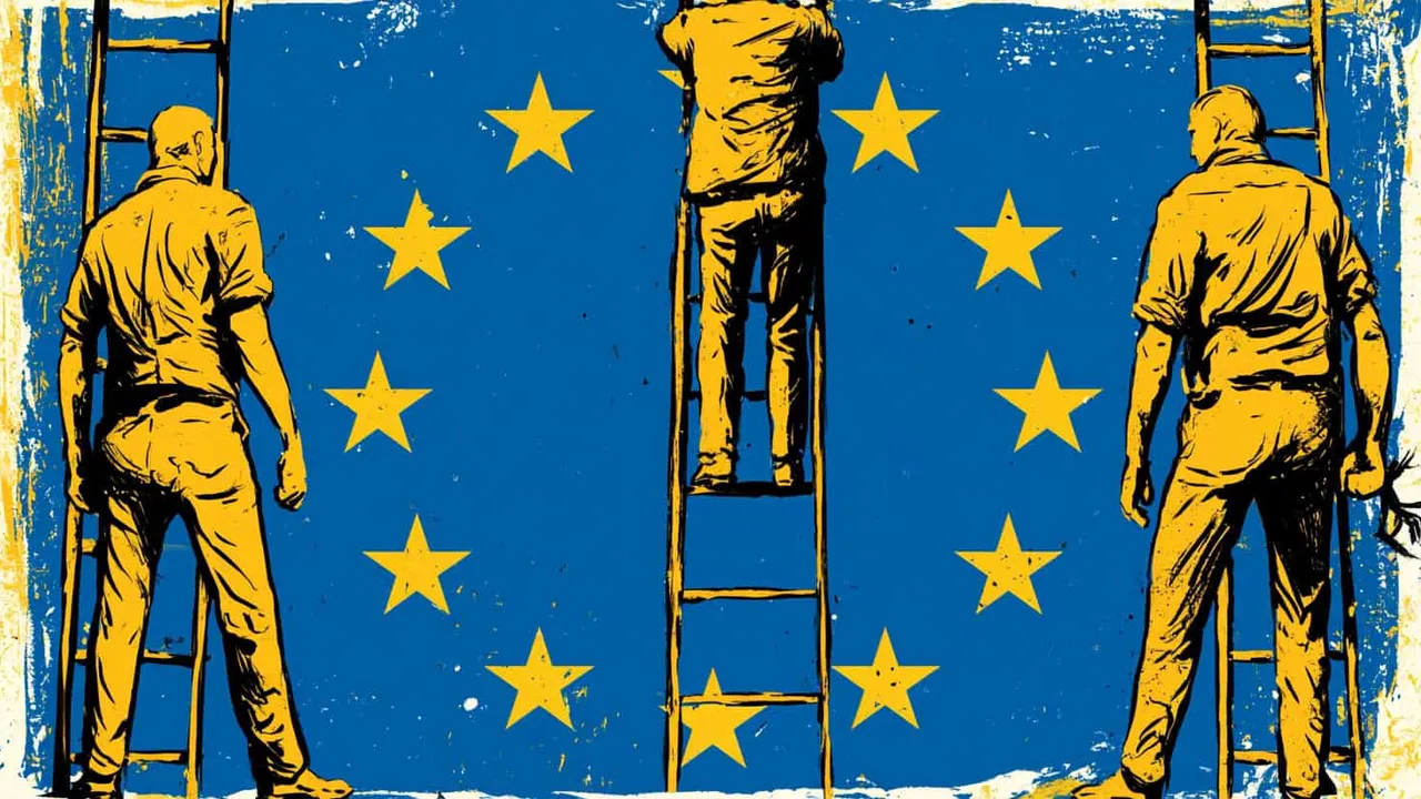 Artists painting the EU flag with stars on a wall.
