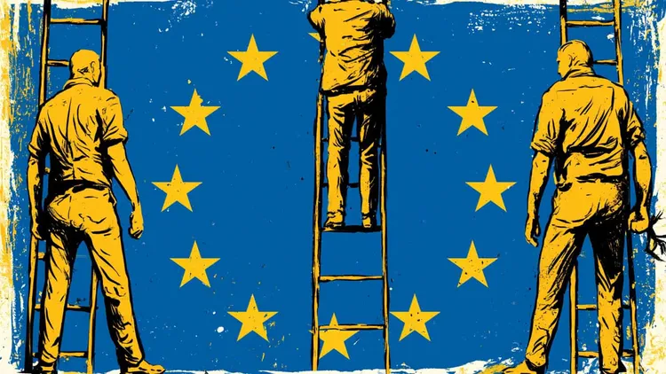 Artists painting the EU flag with stars on a wall.