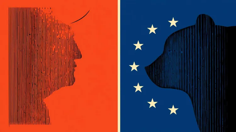 Silhouettes of a human face and a dog with EU flag stars, symbolising energy dependence.