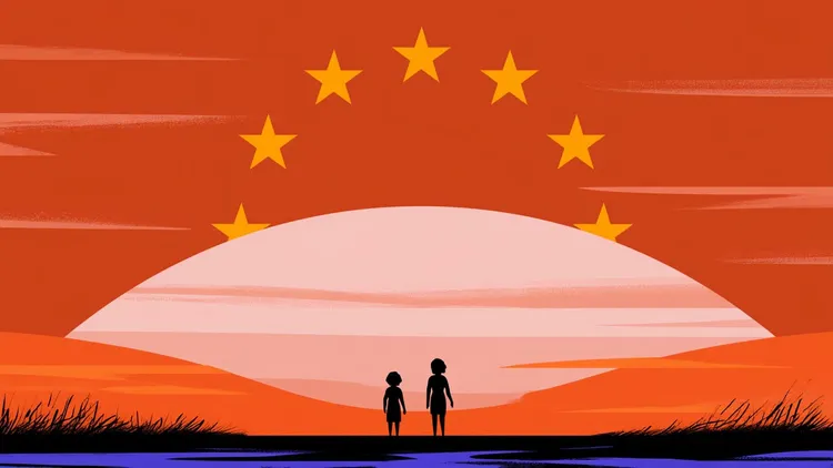 Silhouettes of two children watching a sunset with EU stars in the sky.