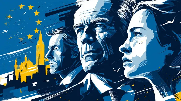 Illustration of European democracy leaders with EU flag and cityscape background.