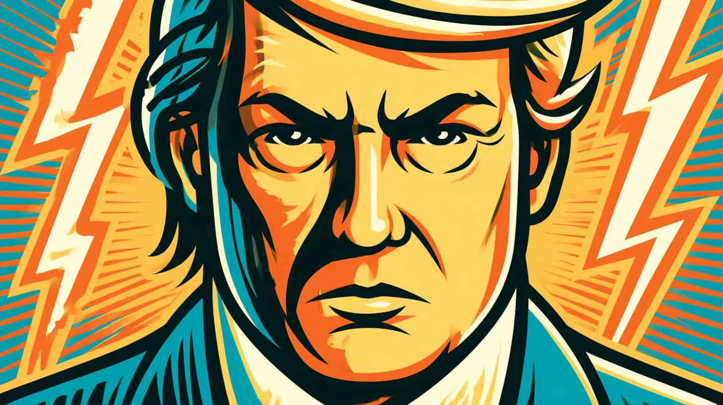 Stylized illustration of a man with intense expression and lightning behind him.