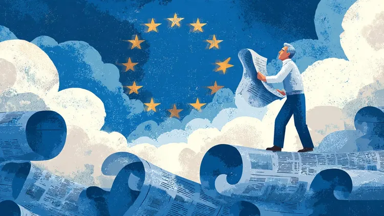 European Union flag with a man reading a newspaper amidst clouds and scrolls.