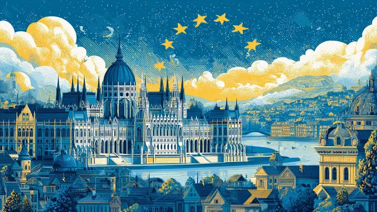 European Union flag over Budapest with Hungarian Parliament in the foreground.