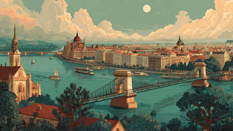 Panoramic view of Budapest with Parliament and Chain Bridge over Danube.