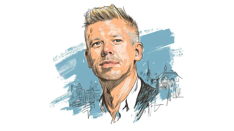 Stylised portrait of a man with city buildings in the background.