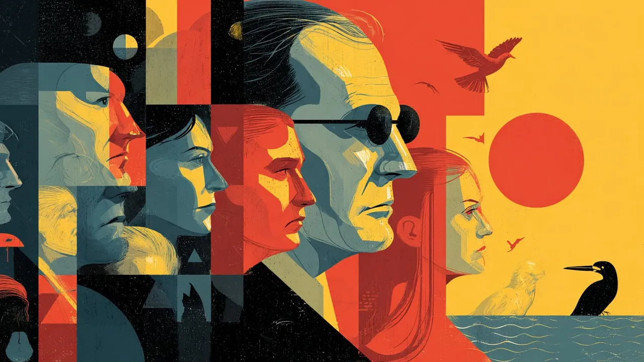 Illustration of diverse faces representing populism and technology themes.