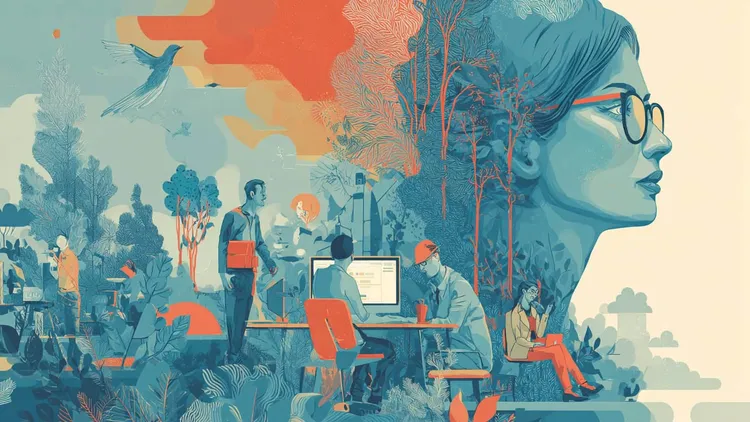 Illustration of diverse European workers and a woman's profile with nature and technology elements.