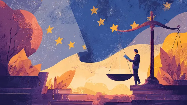 A person standing on a scale with a tablet, symbolising justice and human rights in Europe.