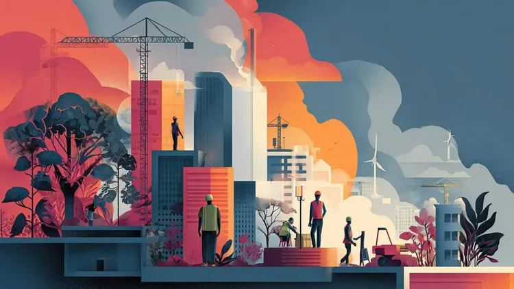 Cityscape with construction, wind turbines, and pollution.