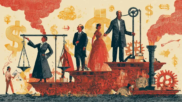 Illustration of economic inequality with figures on a scale and industrial background.