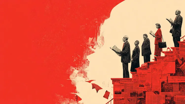 European politicians reading on red stairs, symbolising cautious political approach.