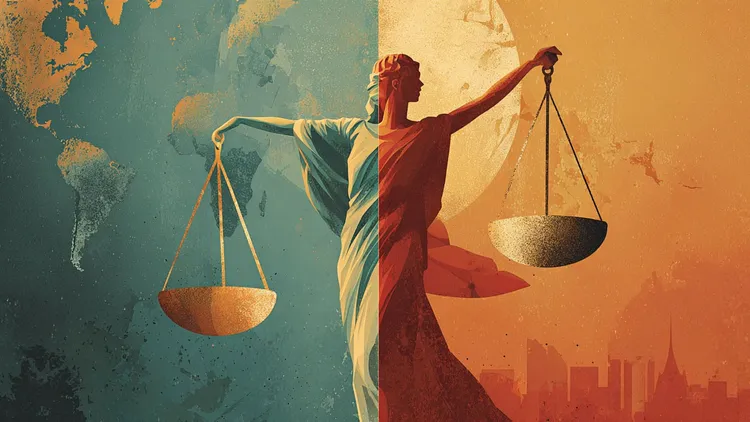 Statue of justice holding scales with world map background.