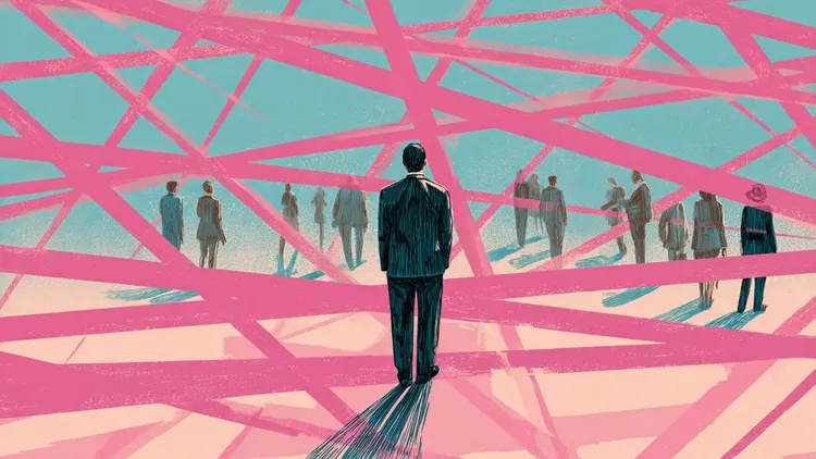 Person standing amidst tangled pink lines representing political disorientation.