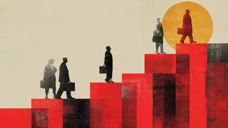 Silhouettes of people walking up red stairs symbolising social mobility and inequality.