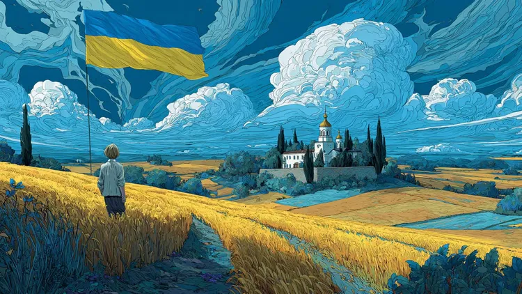 A boy in a wheat field overlooking a church, under a dramatic sky with clouds and a Ukrainian flag.