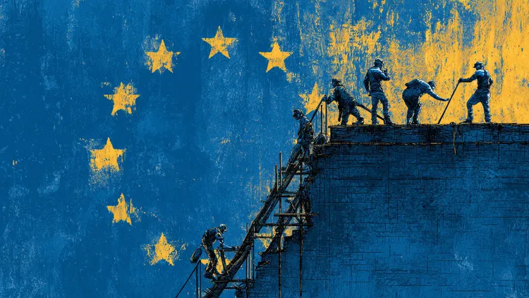 Construction workers on scaffolding in front of EU flag mural.