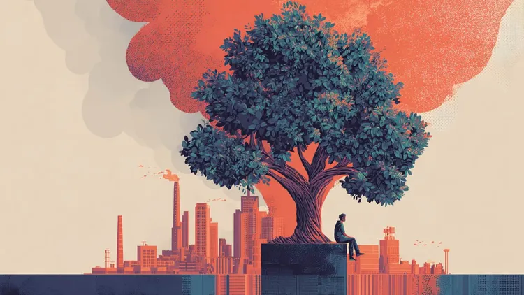 Large tree with city skyline and person sitting underneath.