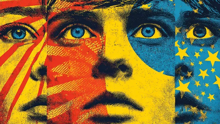 Close-up of a face with European flags and stars, symbolising unity.