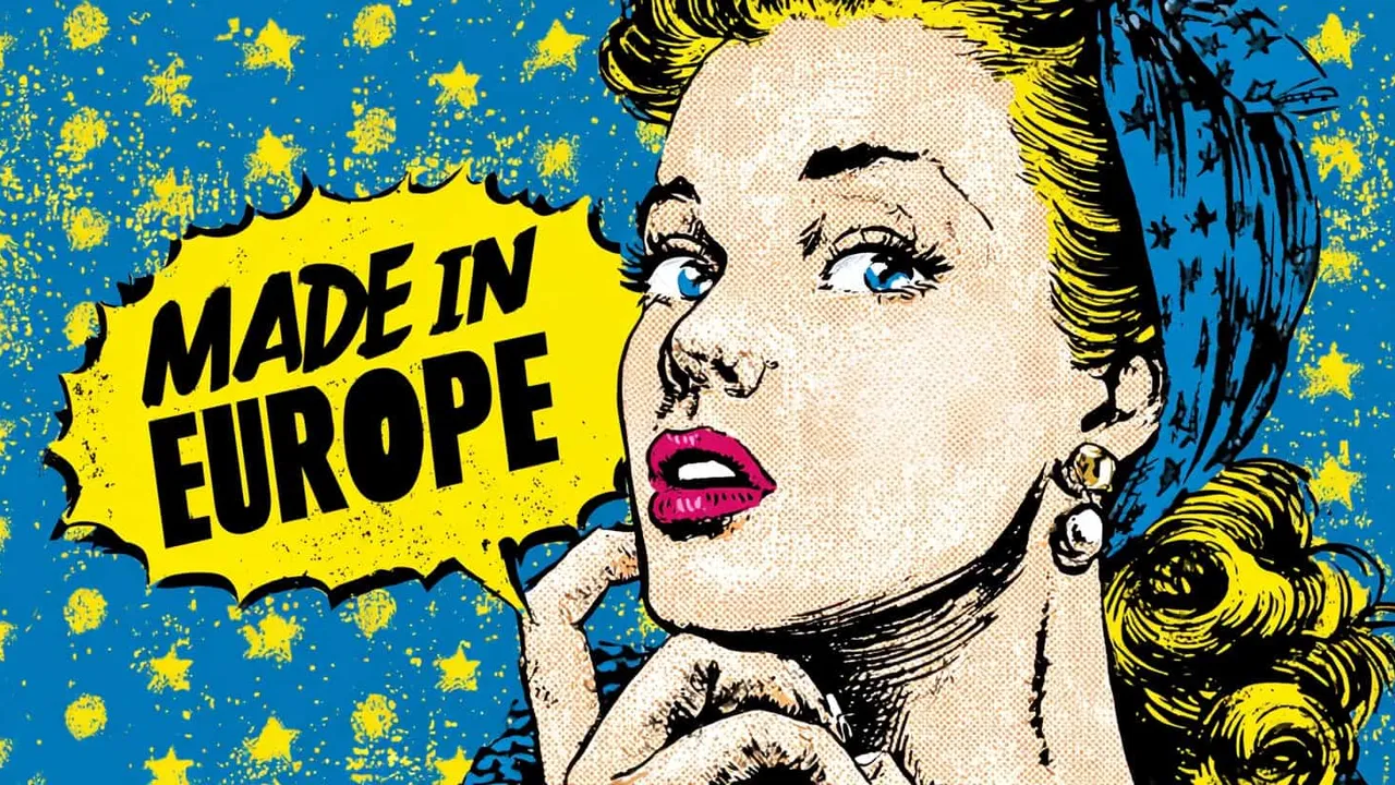 Woman with blue headscarf and pink lipstick, pop art style, social Europe.