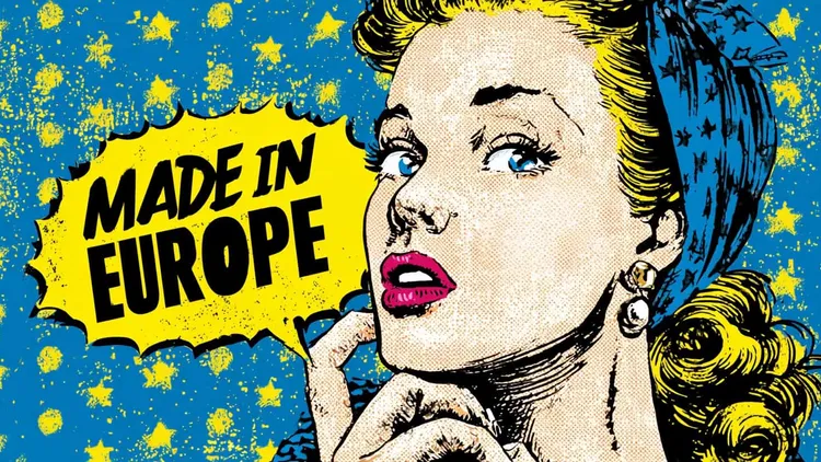 Woman with blue headscarf and pink lipstick, pop art style, social Europe.