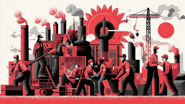 Industrial workers in a factory setting, Social Europe.
