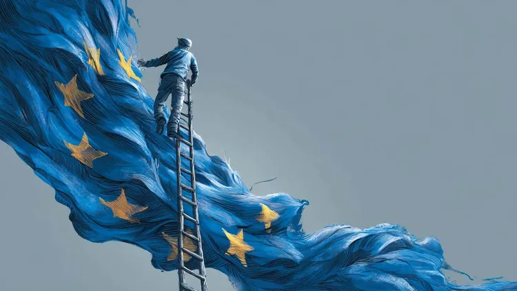 Man climbing ladder on European flag.