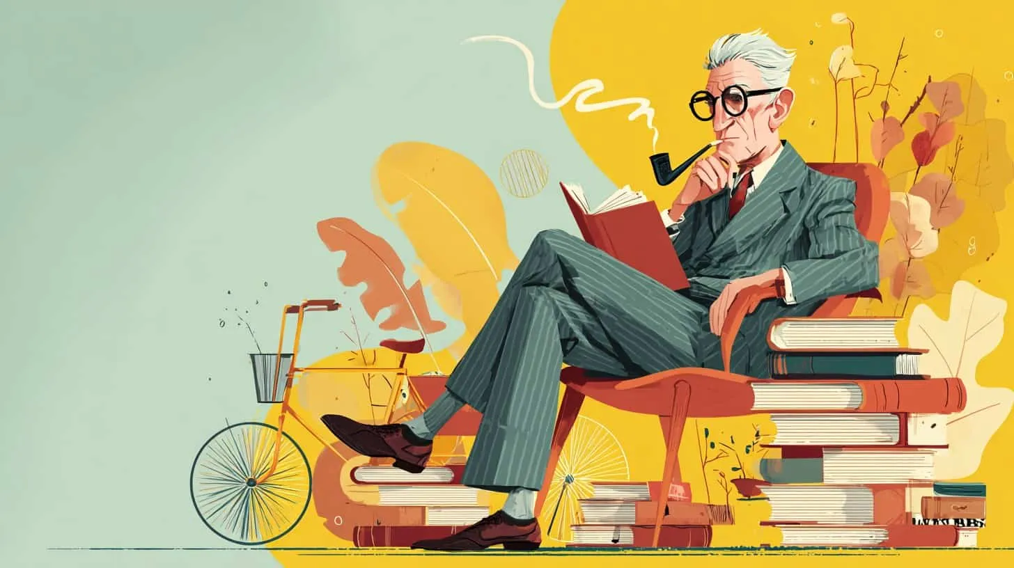 Elderly man in a suit reading and smoking pipe.