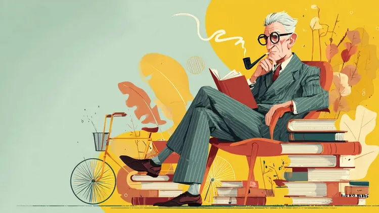Elderly man in a suit reading and smoking pipe, Social Europe.