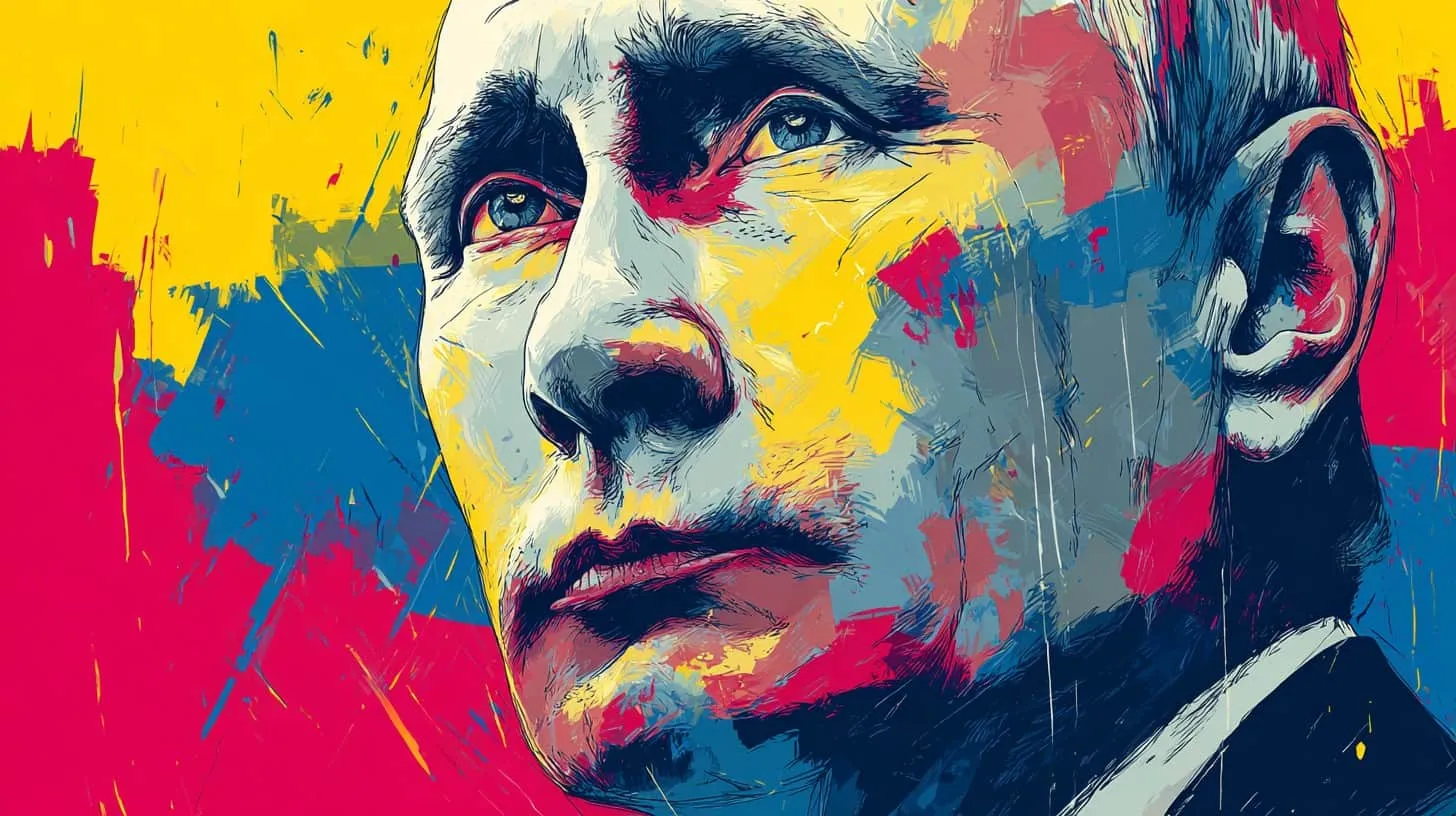 Close-up illustration of Vladimir Putin's face painted in yellow, blue and red.