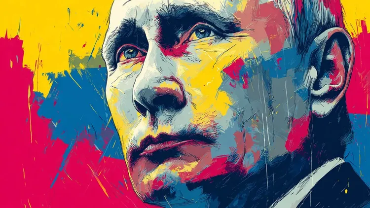 Close-up illustration of Vladimir Putin's face painted in yellow, blue and red.