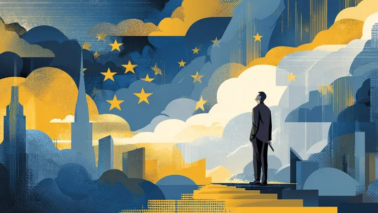 A man standing on stairs overlooking a cityscape with stars and clouds, in a stylised illustration.