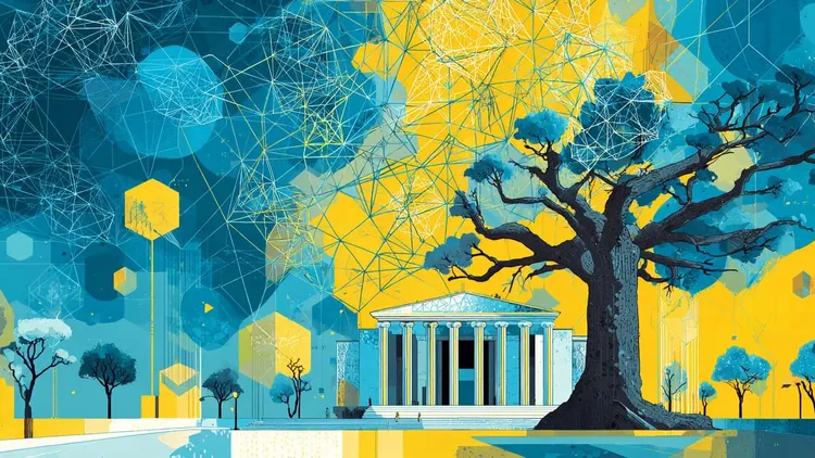 Abstract digital and natural elements with a large tree and classical building.