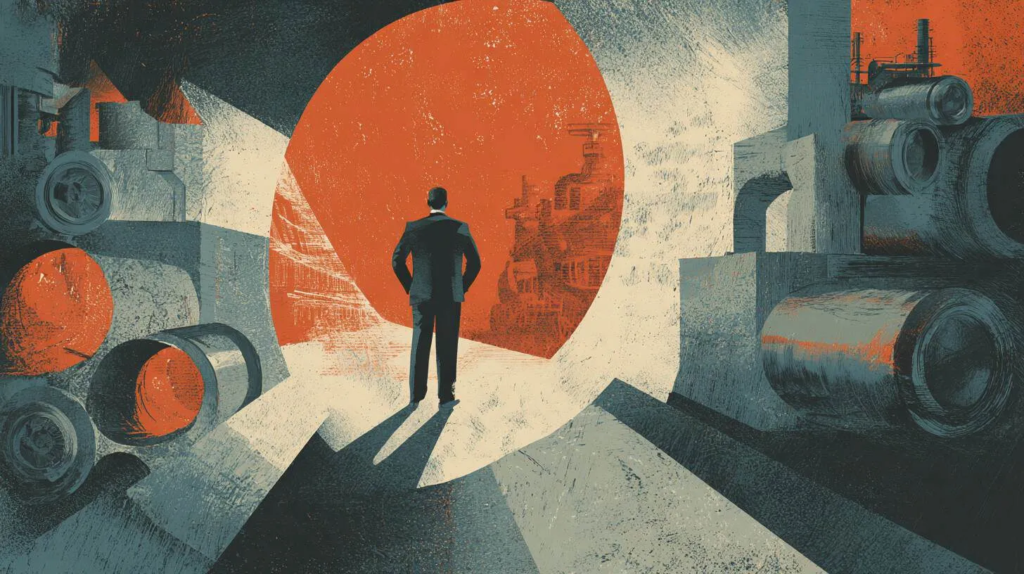 Man in suit overlooking industrial pipes and machinery.