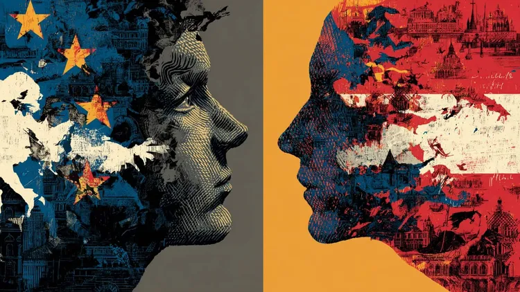 Two faces in profile with European and American symbols.